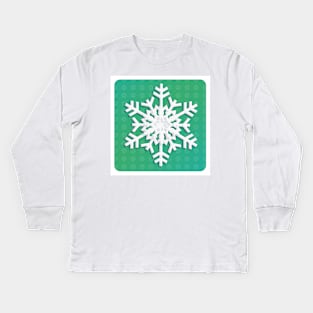 Snowflake Winter Holiday Christmas Kids Party Decoration. White Snowflake on green christmas tree background. Kids Long Sleeve T-Shirt